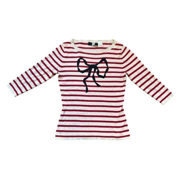 SAKS FIFTH AVENUE Stripe and Bow Pattern Cashmere Silk Knit Sweater M Boat Neck - Picture 1 of 6